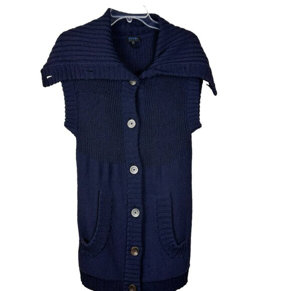 Escada Sport Wool Buttons Sweater Long Thick Cardigan Short Sleeve Blue Large - Picture 1 of 15